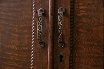 アンティーク家具　和製アンティーク　タモ材　色ガラス入り!上質なデザインのライティングビューロー(机、在宅ワーク、在宅用デスク、収納棚)