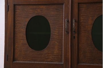 アンティーク家具　和製アンティーク　タモ材　色ガラス入り!上質なデザインのライティングビューロー(机、在宅ワーク、在宅用デスク、収納棚)