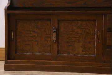 アンティーク家具　和製アンティーク　タモ材　色ガラス入り!上質なデザインのライティングビューロー(机、在宅ワーク、在宅用デスク、収納棚)