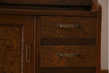 アンティーク家具　和製アンティーク　タモ材　色ガラス入り!上質なデザインのライティングビューロー(机、在宅ワーク、在宅用デスク、収納棚)