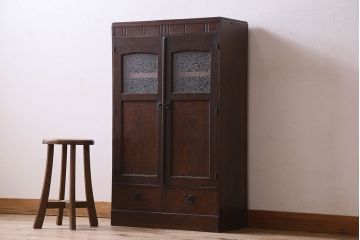 アンティーク家具　大正ロマン　結霜ガラス入り!上品なデザインのアンティーク本箱(ブックケース、収納棚、戸棚)