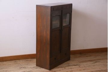 アンティーク家具　大正ロマン　結霜ガラス入り!上品なデザインのアンティーク本箱(ブックケース、収納棚、戸棚)