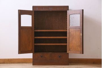 アンティーク家具　大正ロマン　結霜ガラス入り!上品なデザインのアンティーク本箱(ブックケース、収納棚、戸棚)