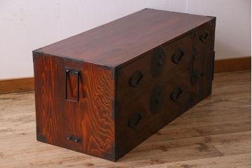 アンティーク家具　前面栗材　漆塗り!桜丸金具の時代箪笥ローボード(米沢箪笥、衣装箪笥、引き出し、テレビ台)(1)