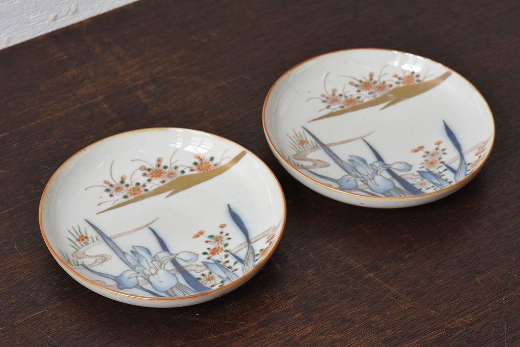 アンティーク雑貨　古民具・骨董　明治期　菖蒲文五寸皿2枚セット(1)