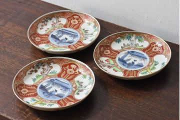 アンティーク雑貨　古民具・骨董　幕末明治期　色絵錦手六寸皿(伊万里)3枚セット