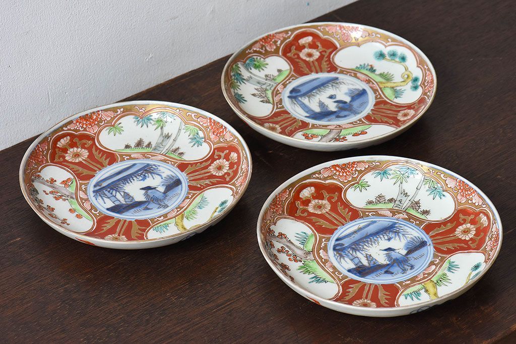 アンティーク雑貨　古民具・骨董　幕末明治期　色絵錦手六寸皿(伊万里)3枚セット
