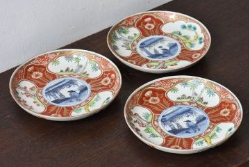 アンティーク雑貨　古民具・骨董　幕末明治期　色絵錦手六寸皿(伊万里)3枚セット