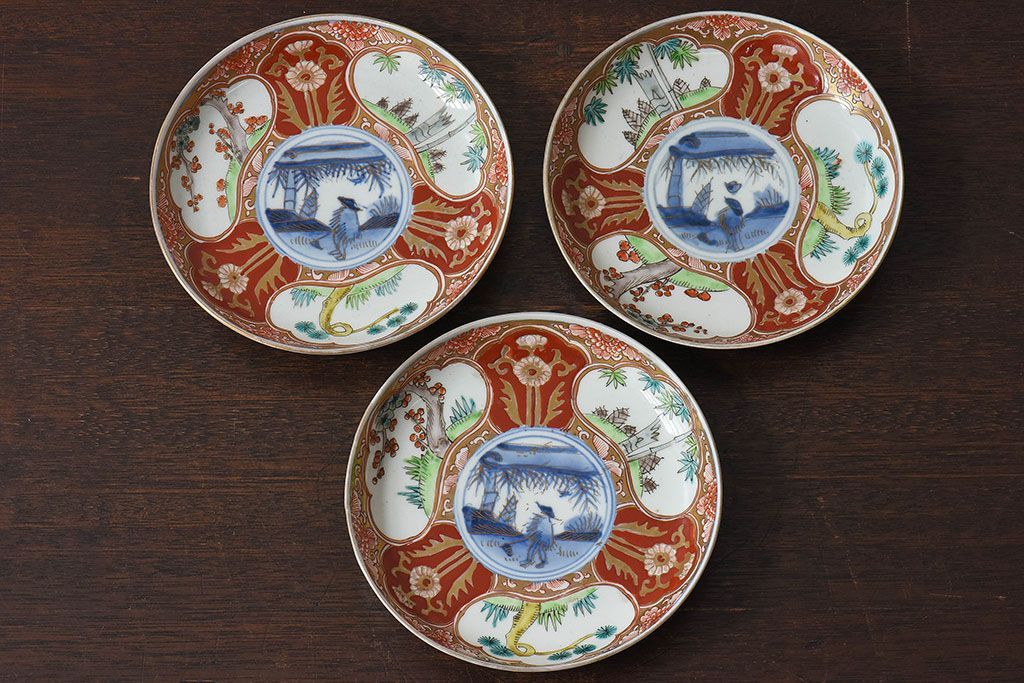 アンティーク雑貨　古民具・骨董　幕末明治期　色絵錦手六寸皿(伊万里)3枚セット