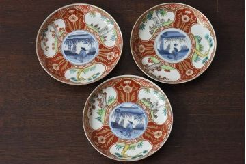 アンティーク雑貨　古民具・骨董　幕末明治期　色絵錦手六寸皿(伊万里)3枚セット
