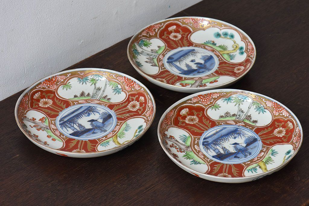 アンティーク雑貨　古民具・骨董　幕末明治期　色絵錦手六寸皿(伊万里)3枚セット