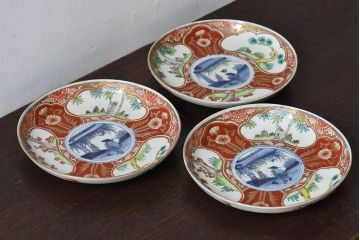 アンティーク雑貨　古民具・骨董　幕末明治期　色絵錦手六寸皿(伊万里)3枚セット