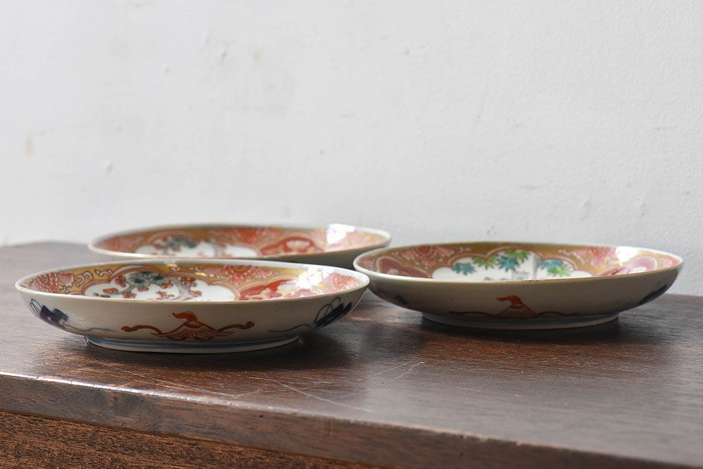 アンティーク雑貨　古民具・骨董　幕末明治期　色絵錦手六寸皿(伊万里)3枚セット