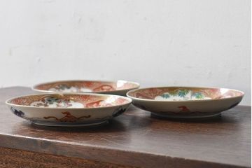 アンティーク雑貨　古民具・骨董　幕末明治期　色絵錦手六寸皿(伊万里)3枚セット