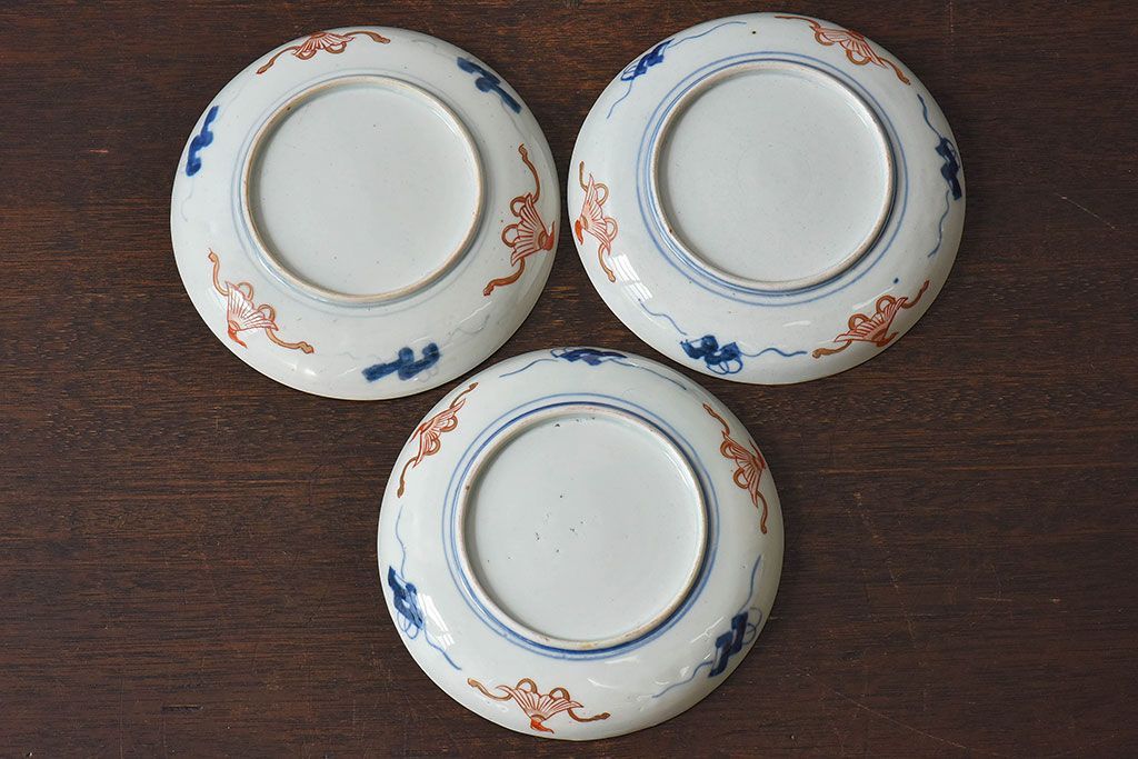 アンティーク雑貨　古民具・骨董　幕末明治期　色絵錦手六寸皿(伊万里)3枚セット