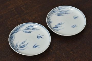 アンティーク雑貨　古民具・骨董　明治〜大正期　柳に燕文　染付皿2枚セット