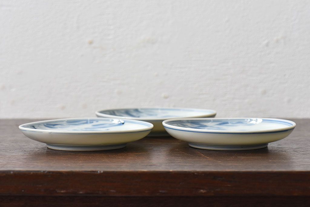 アンティーク雑貨　古民具・骨董　明治〜大正期　柳に燕文　染付皿3枚セット