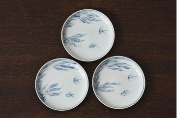 アンティーク雑貨　古民具・骨董　明治〜大正期　柳に燕文　染付皿3枚セット