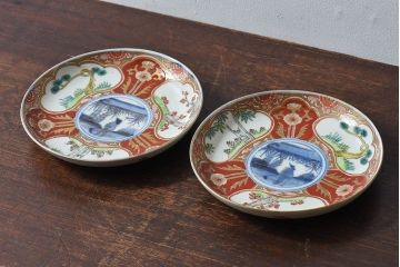 アンティーク雑貨　古民具・骨董　幕末明治期　色絵錦手六寸皿(伊万里)2枚セット(1)