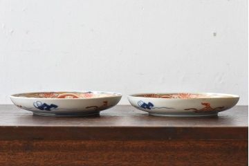 アンティーク雑貨　古民具・骨董　幕末明治期　色絵錦手六寸皿(伊万里)2枚セット(1)