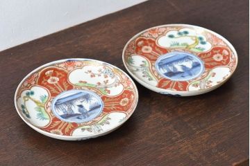 アンティーク雑貨　古民具・骨董　幕末明治期　色絵錦手六寸皿(伊万里)2枚セット(1)