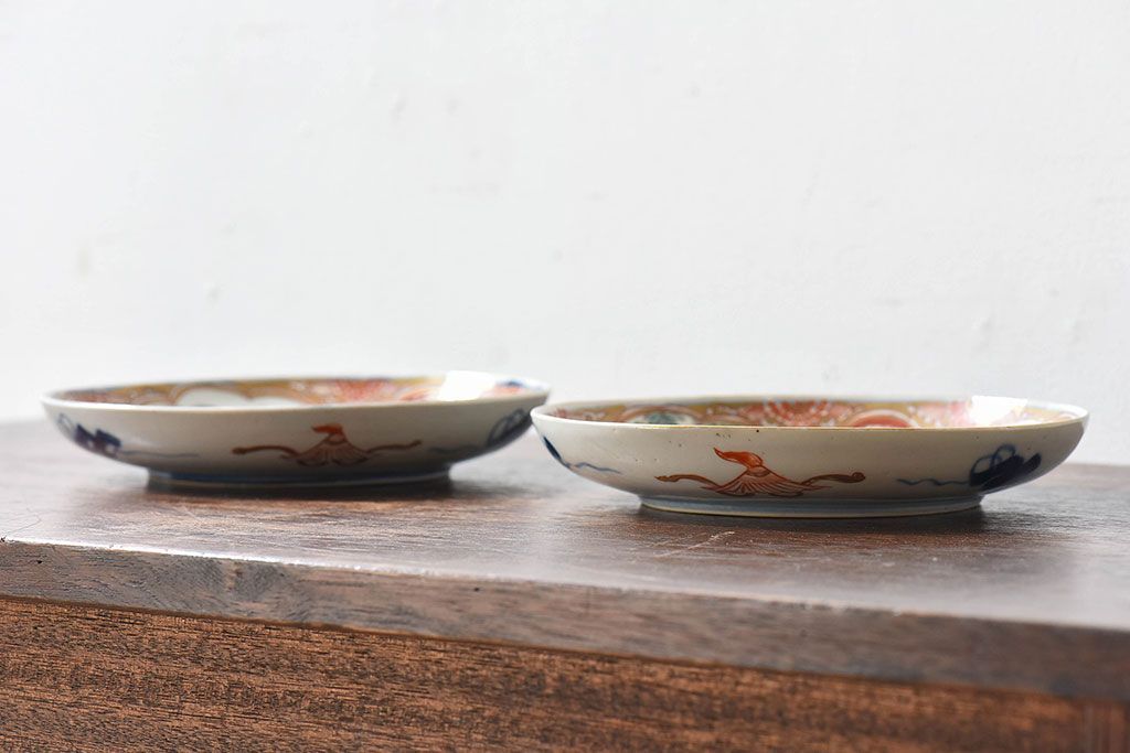 アンティーク雑貨　古民具・骨董　幕末明治期　色絵錦手六寸皿(伊万里)2枚セット(1)