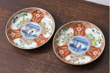 アンティーク雑貨　古民具・骨董　幕末明治期　色絵錦手六寸皿(伊万里)2枚セット(1)