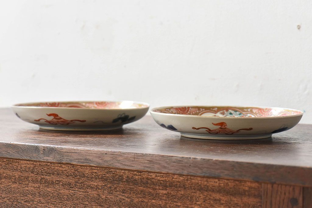 アンティーク雑貨　古民具・骨董　幕末明治期　色絵錦手六寸皿(伊万里)2枚セット(2)