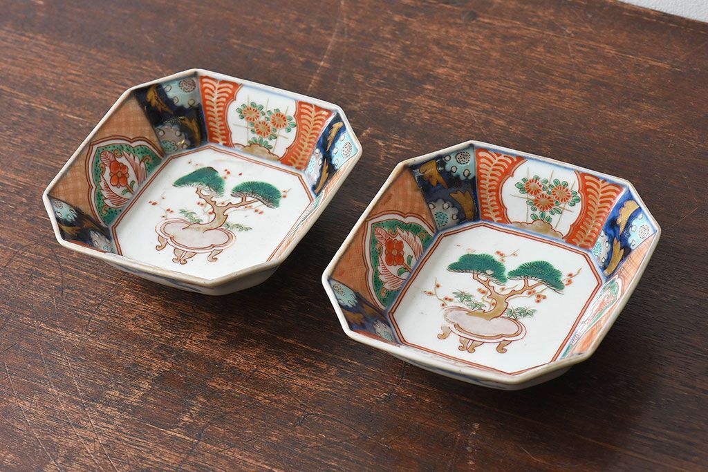 古民具・骨董　幕末明治期　色絵向付(伊万里)2枚セット