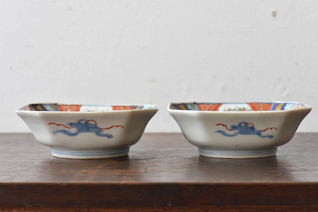 古民具・骨董　幕末明治期　色絵向付(伊万里)2枚セット