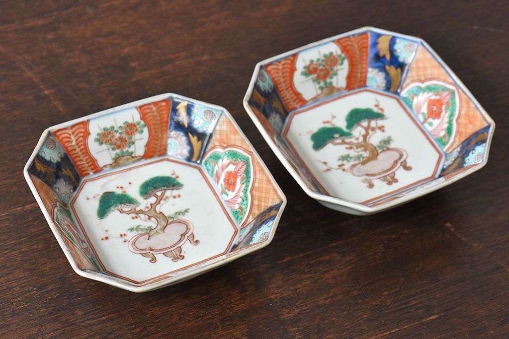 古民具・骨董　幕末明治期　色絵向付(伊万里)2枚セット