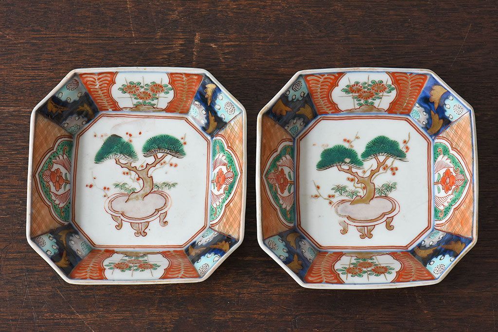 古民具・骨董　幕末明治期　色絵向付(伊万里)2枚セット