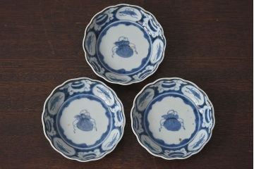 古民具・骨董　江戸期　染付　巾着文　なます皿3枚セット