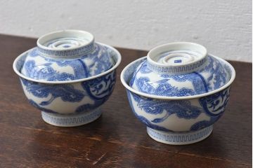 アンティーク雑貨　古民具・骨董　明治〜大正期　印判蓋茶碗2客セット(1)
