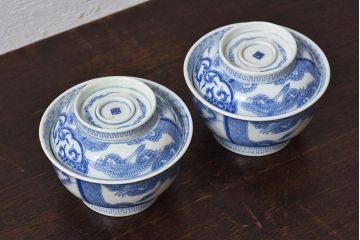 アンティーク雑貨　古民具・骨董　明治〜大正期　印判蓋茶碗2客セット(1)