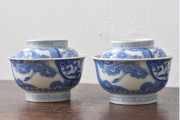 アンティーク雑貨　古民具・骨董　明治〜大正期　印判蓋茶碗2客セット(1)