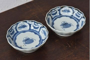 古民具・骨董　江戸期　染付　巾着文　なます皿2枚セット