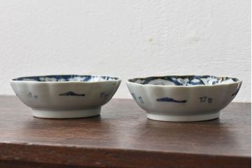古民具・骨董　江戸期　染付　巾着文　なます皿2枚セット