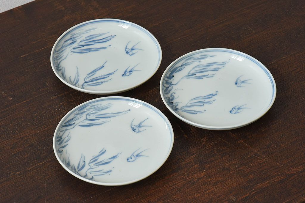 アンティーク雑貨　古民具・骨董　明治〜大正期　柳に燕文　染付皿3枚セット(1)