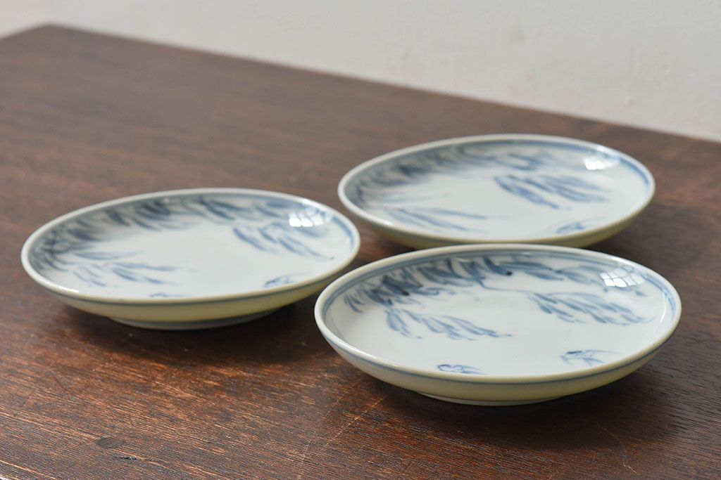 アンティーク雑貨　古民具・骨董　明治〜大正期　柳に燕文　染付皿3枚セット(1)