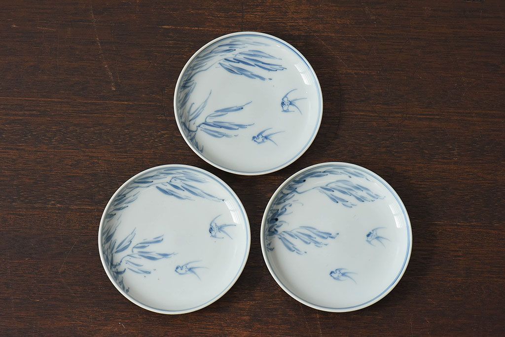 アンティーク雑貨　古民具・骨董　明治〜大正期　柳に燕文　染付皿3枚セット(1)
