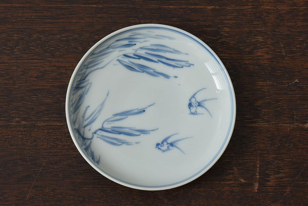 アンティーク雑貨　古民具・骨董　明治〜大正期　柳に燕文　染付皿3枚セット(1)