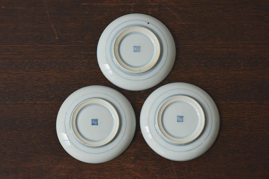 アンティーク雑貨　古民具・骨董　明治〜大正期　柳に燕文　染付皿3枚セット(1)