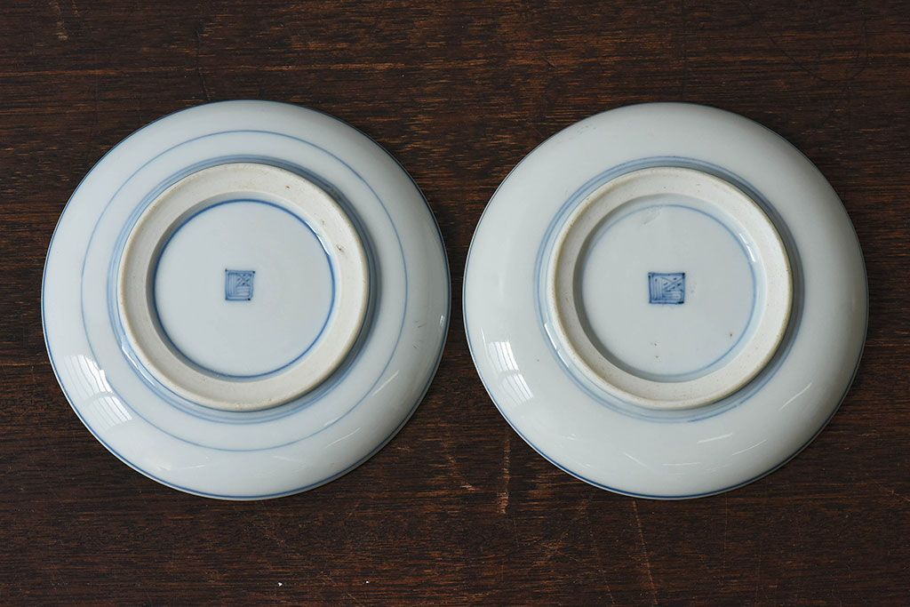 アンティーク雑貨　古民具・骨董　明治〜大正期　柳に燕文　染付皿2枚セット(1)