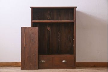 アンティーク家具　和製アンティーク　三方欅材!人気のモールガラス入りの収納棚(戸棚、食器棚、本箱、ブックケース)