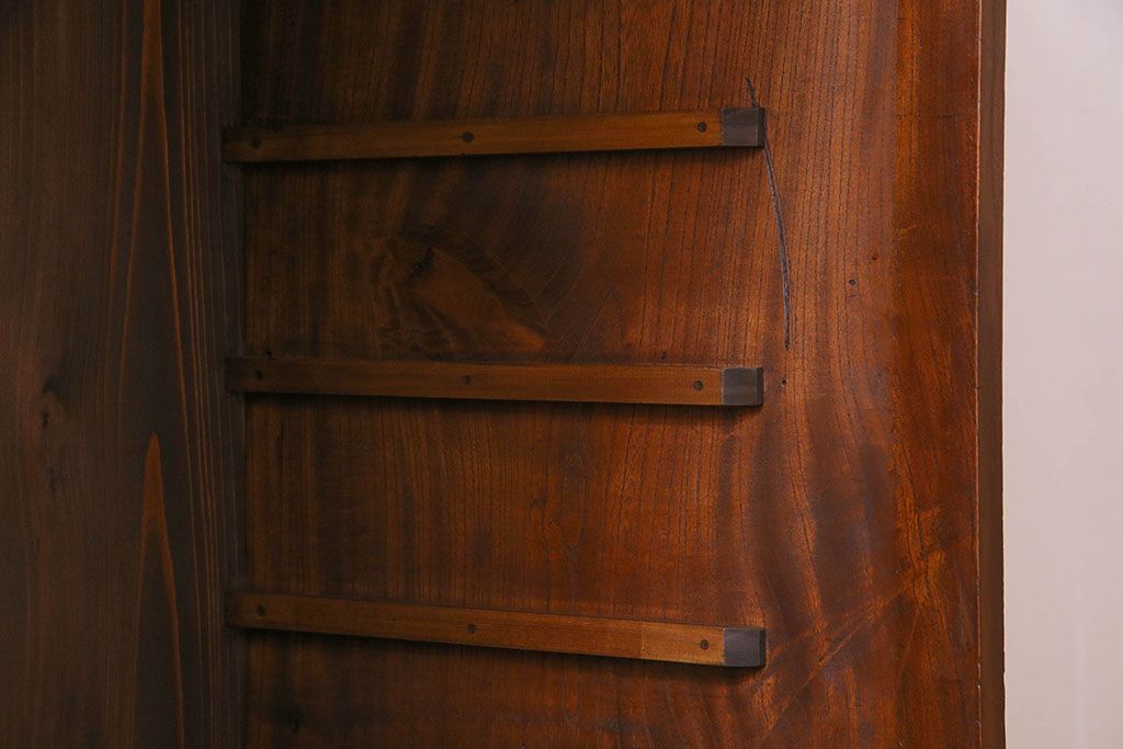 アンティーク家具　和製アンティーク　三方欅材!人気のモールガラス入りの収納棚(戸棚、食器棚、本箱、ブックケース)