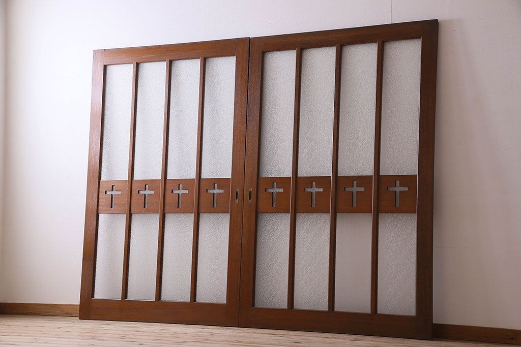 昭和レトロ　特大　教会で使われていたガラス引き戸(ガラス戸)2枚セット(3)