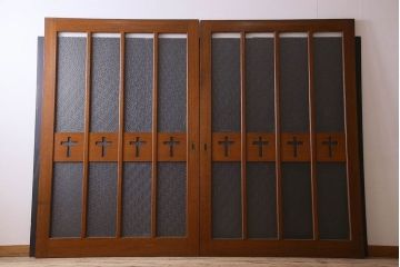 昭和レトロ　特大　教会で使われていたガラス引き戸(ガラス戸)2枚セット(3)