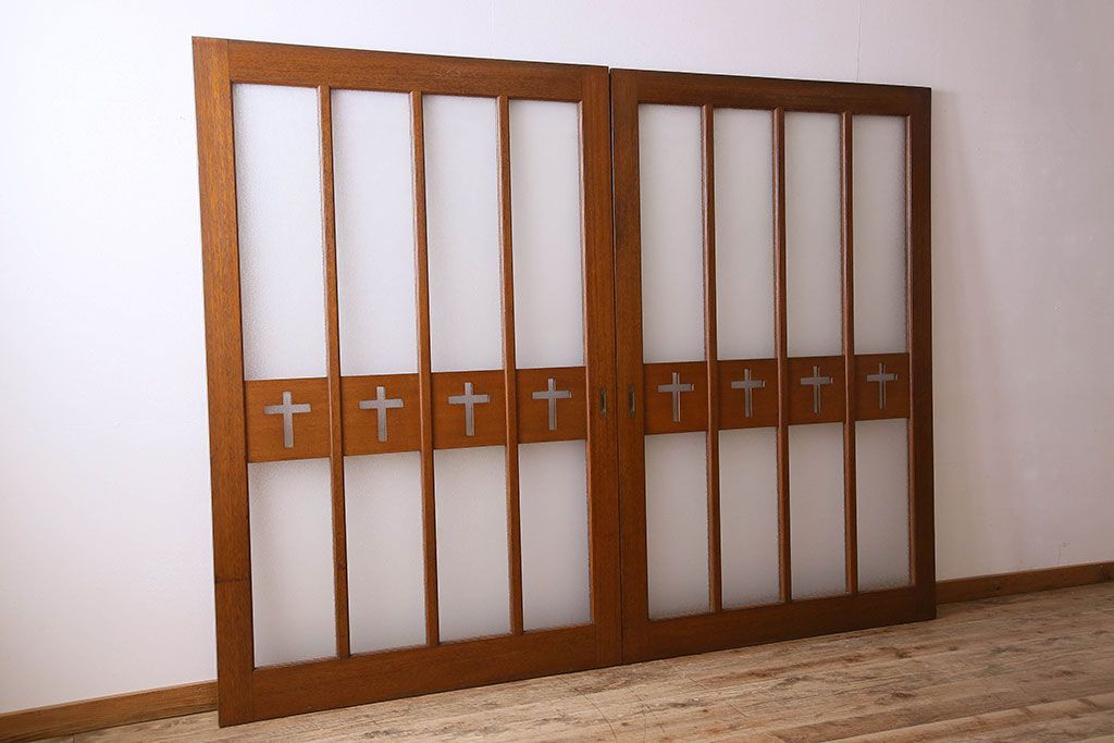 昭和レトロ　特大　教会で使われていたガラス引き戸(ガラス戸)2枚セット(3)