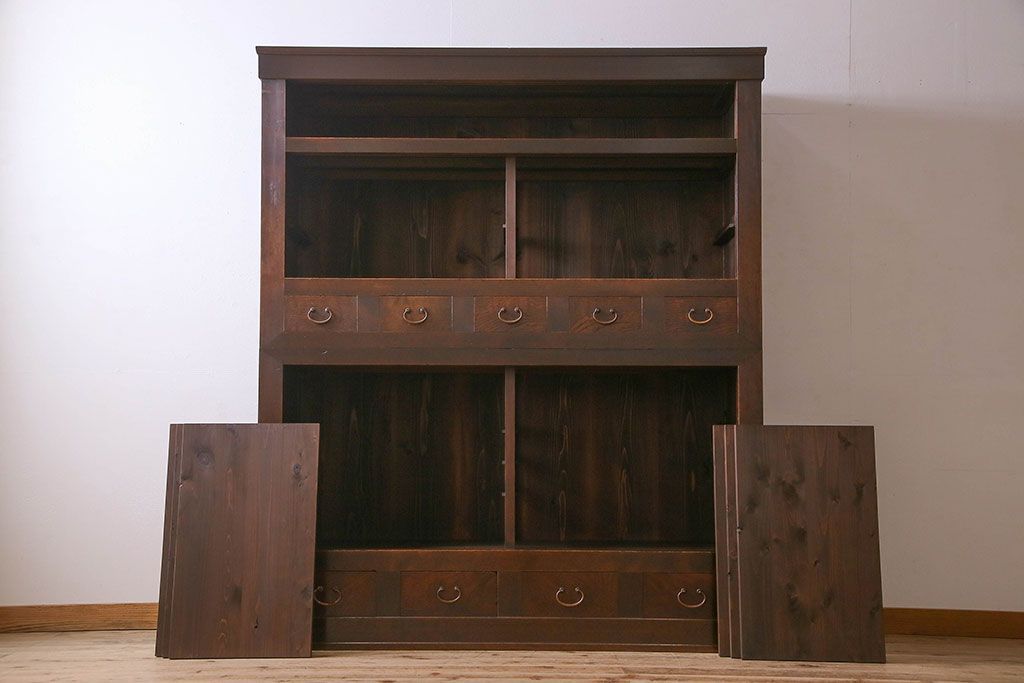 和製アンティーク　五尺　変わり型!二段重ね水屋箪笥(食器棚、収納棚)